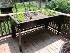 Elevated FRP raised garden bed with vegetables on a deck